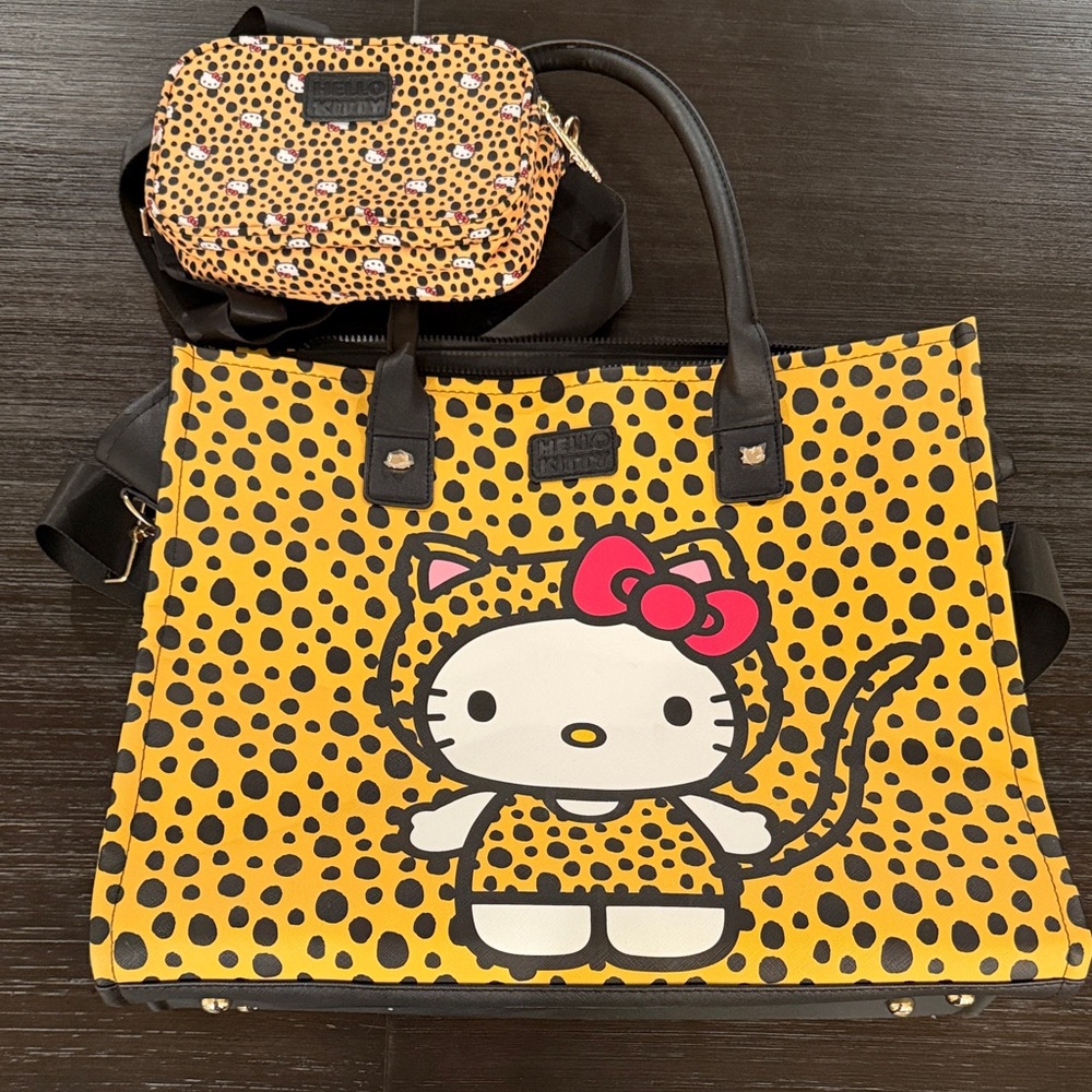 Hello Kitty Yellow Leopard Print travel Tote with Matching Crossbody Pouch